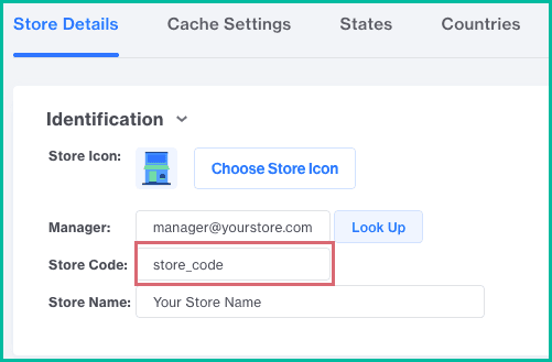 The store code field is highlighted in the store details screen.
