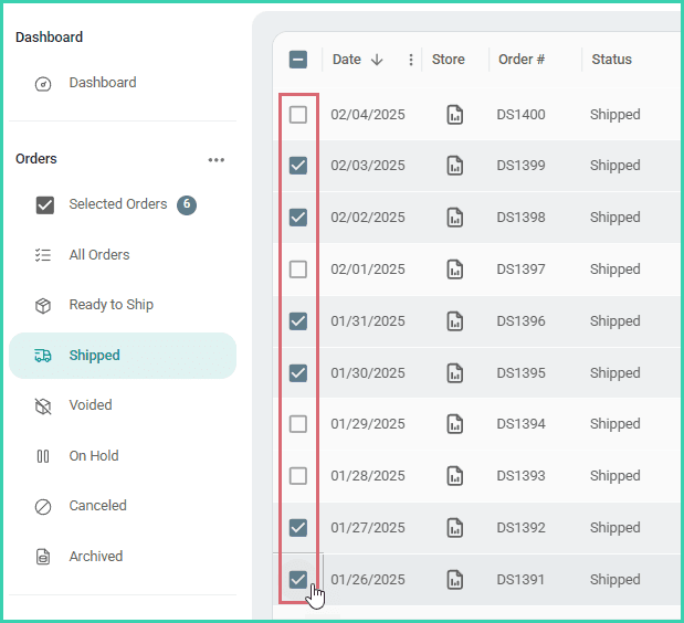 Six shipped orders have been selected in the orders grid.
