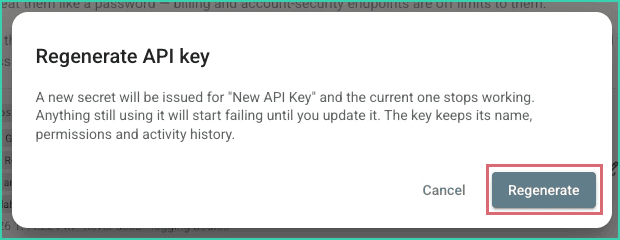 The Regenerate API Key confirmation with the Regenerate button outlined in red.