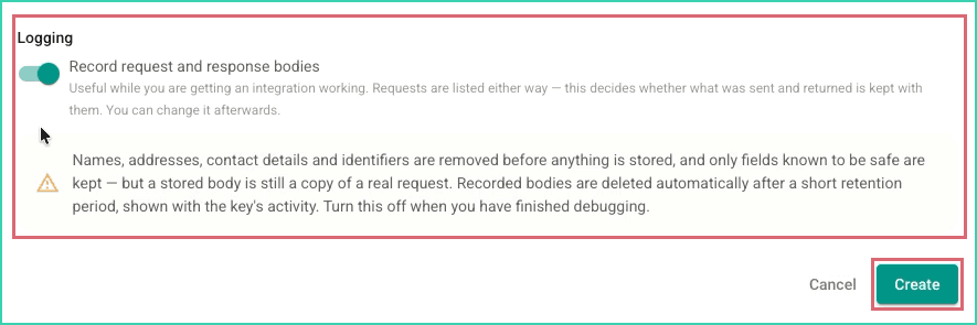 The logging controls and Create button are outlined in red in the New API Key pop-up.