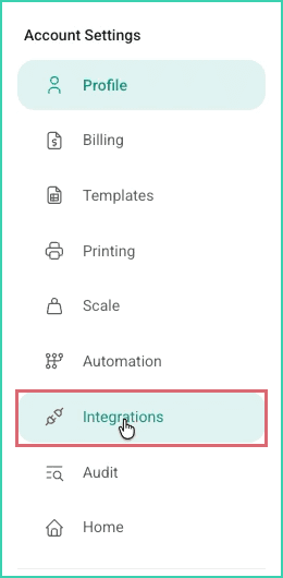 The Account Settings sidebar with Integrations outlined in red.