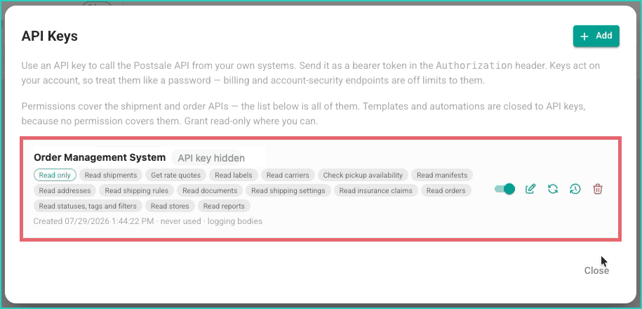 The new key is shown in the API Keys screen.