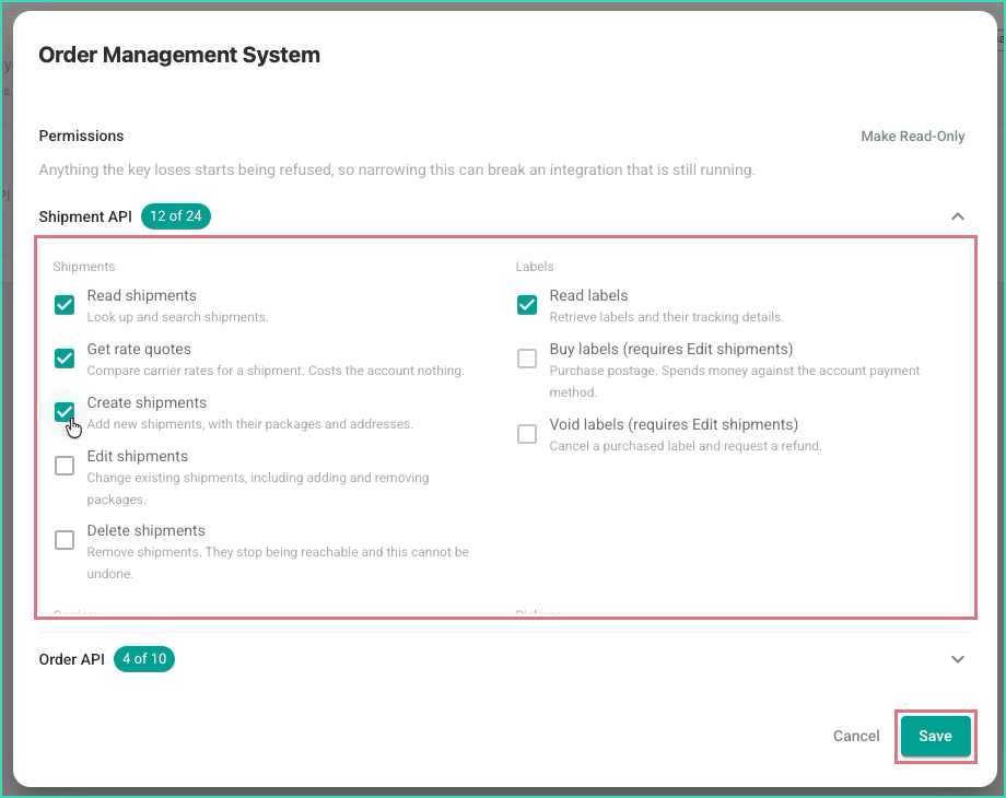 The permissions are shown and being edited.