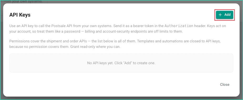 The API Keys pop-up with the Add button outlined in red.