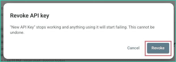 The Revoke API Key confirmation with the Revoke button outlined in red.