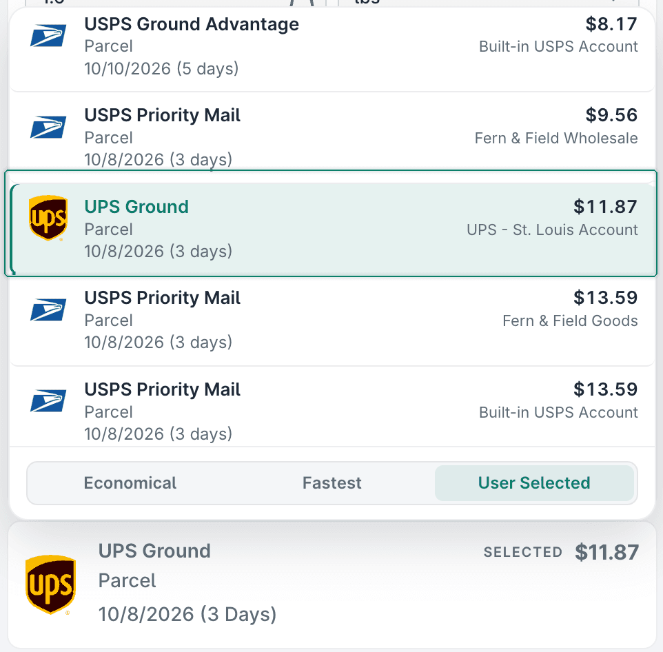 UPS Ground is shown as being selected in the Rate Selector.