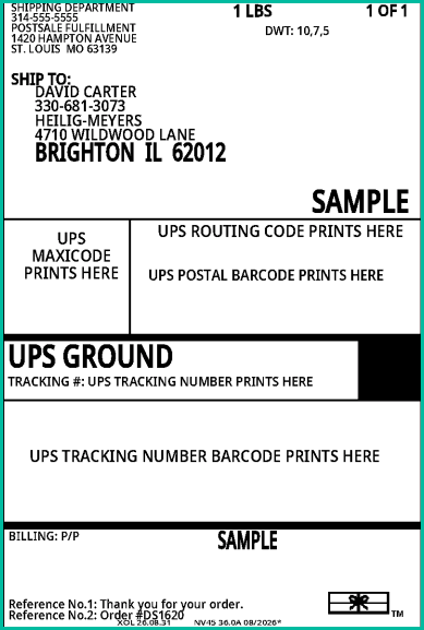 The sample UPS Ground label is shown with a SAMPLE watermark.