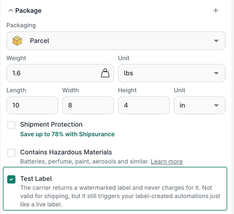 The Test label option is enabled and highlighted.