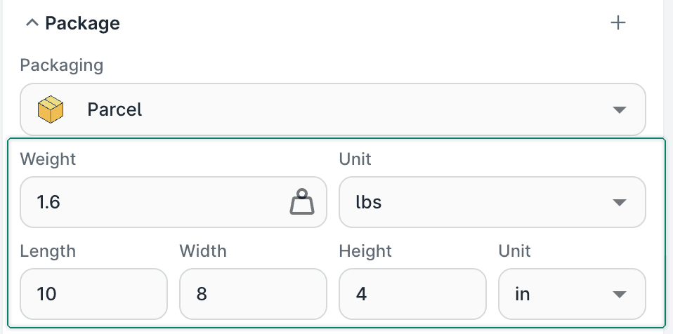 The weight and dimensions have been entered.
