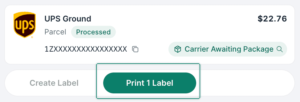 The Print 1 Label button is highlighted.