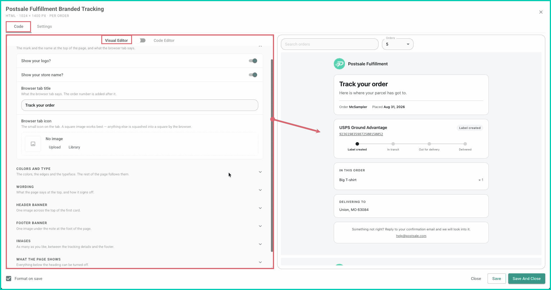 The visual editor is shown along with a preview of the template.