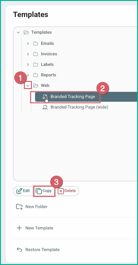 The branded tracking page template is being selected from the web folder.