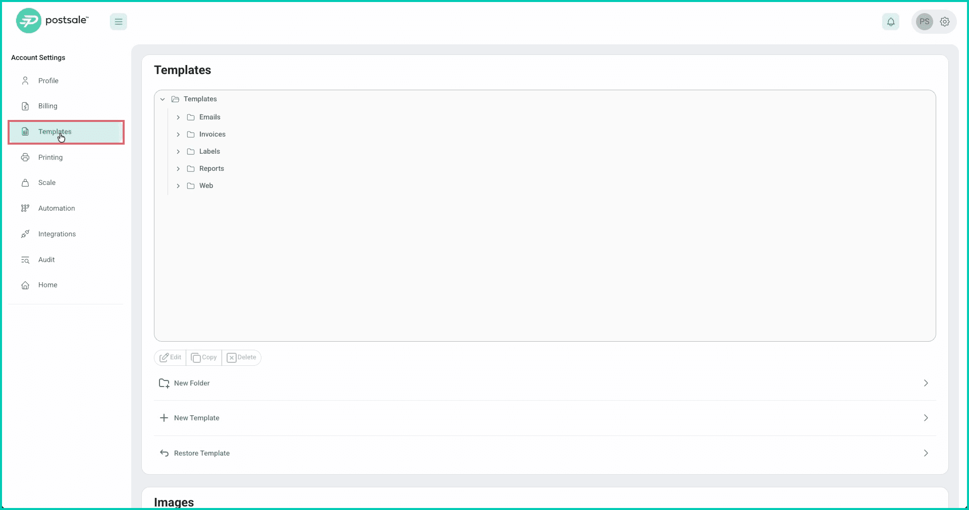 The Templates option is outlined in the Account Settings menu.