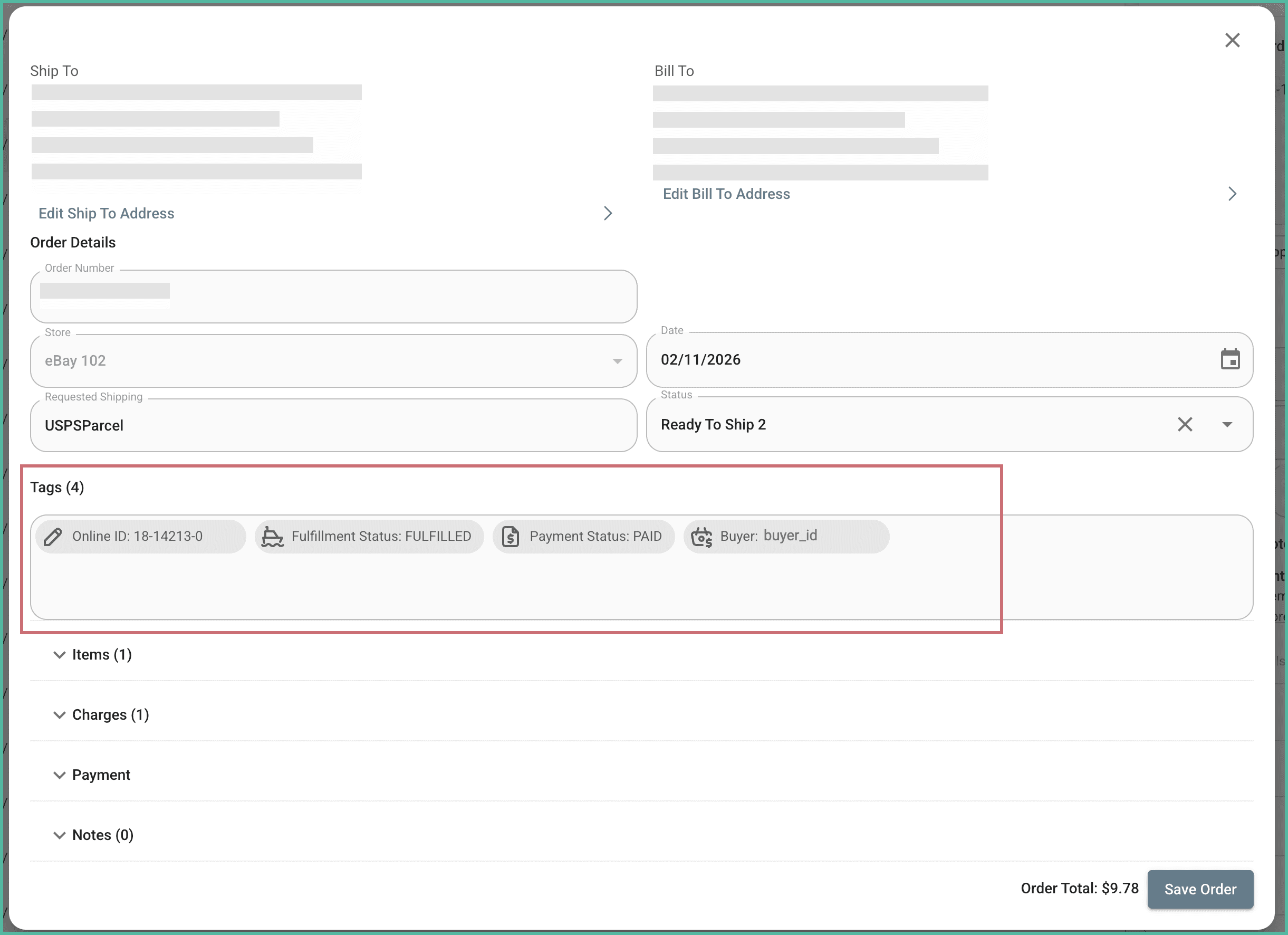 The tags are showing in the order editor in Postsale.