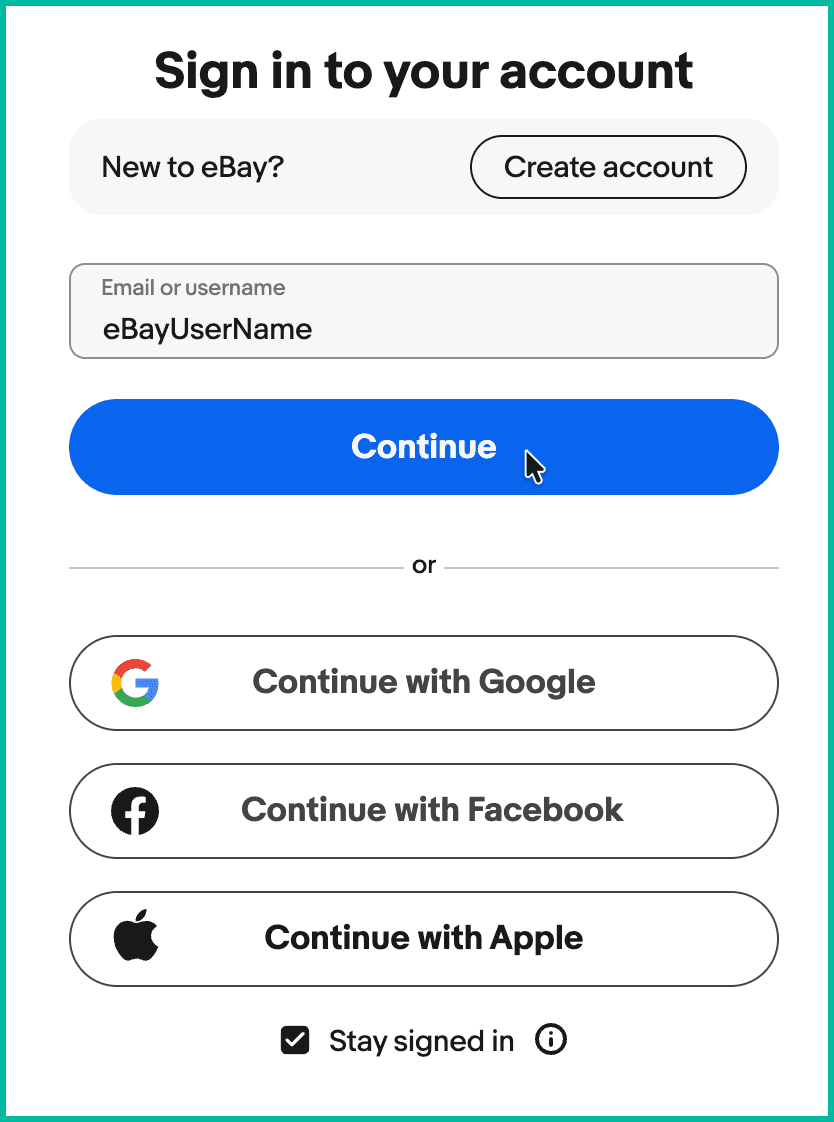 The eBay sign in screen is displayed with the username entered and the Continue button is being clicked.