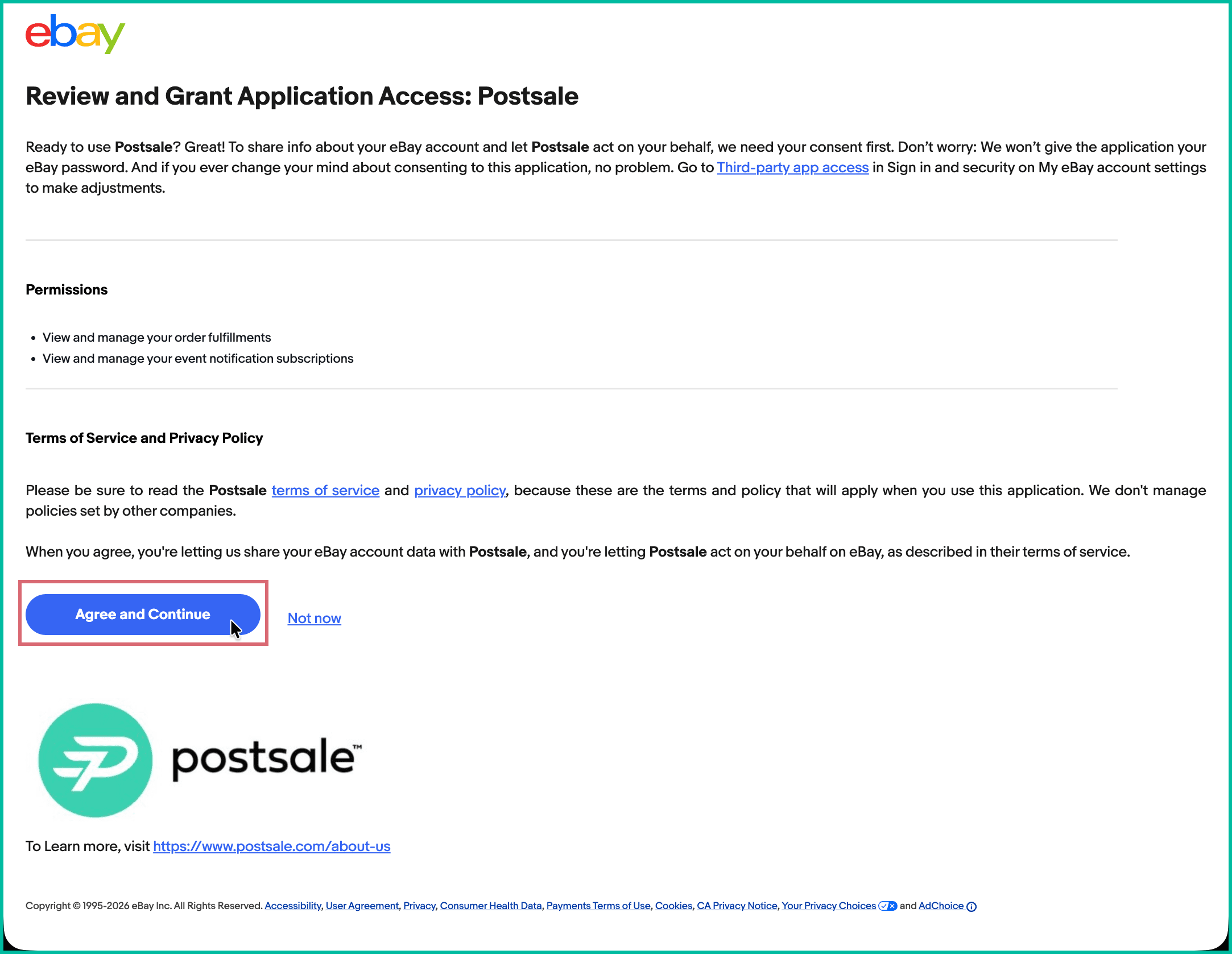 The eBay permissions screen is shown and the agree and continue button is being clicked.