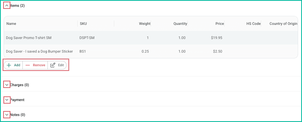 The editable sections of the order editor are highlighted.