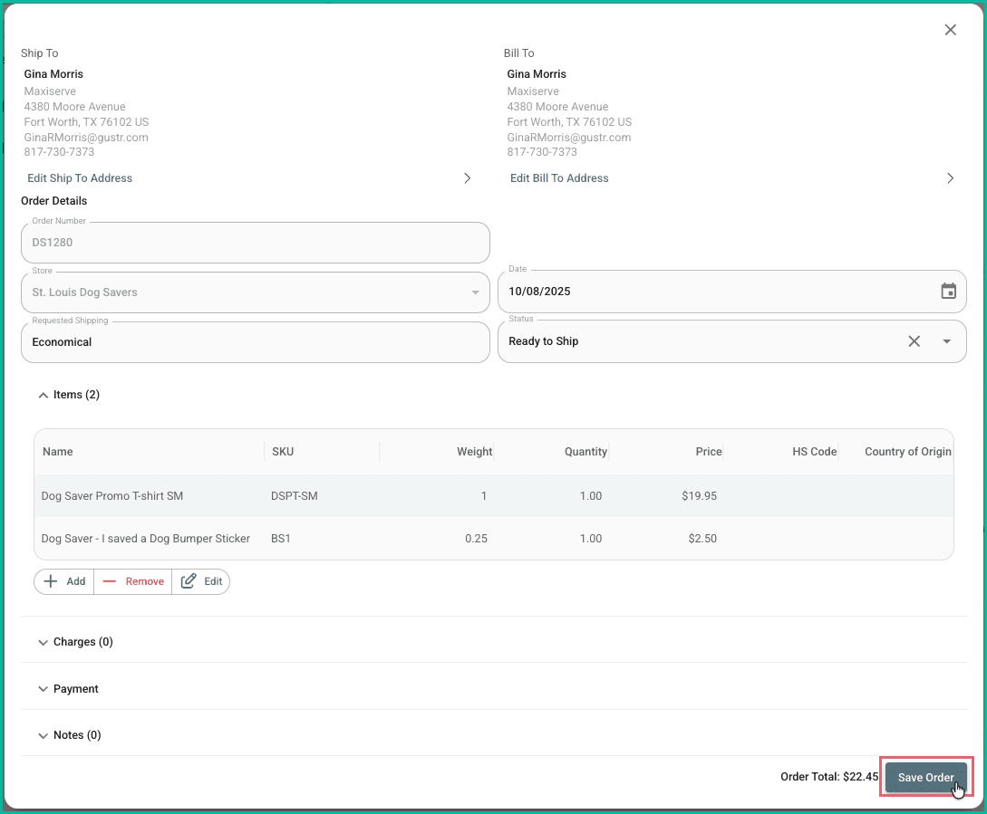 The save button is being clicked to save the order.