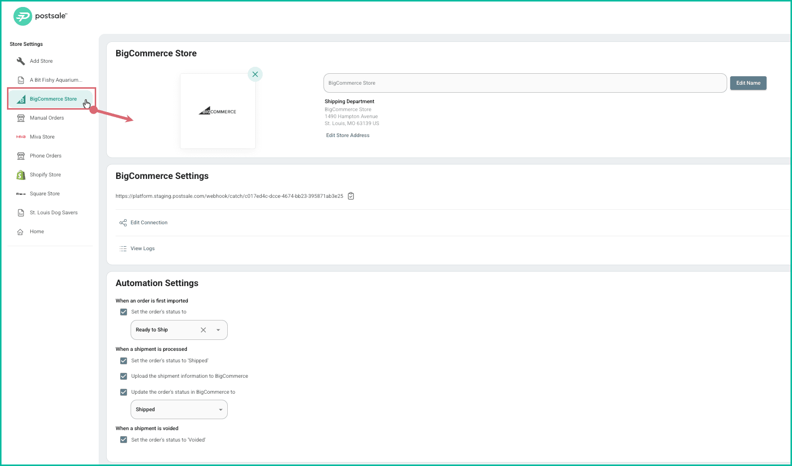 BigCommerce store specific settings are shown.