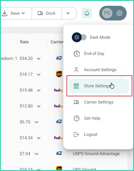 The Store Settings option is outlined in the Settings menu.