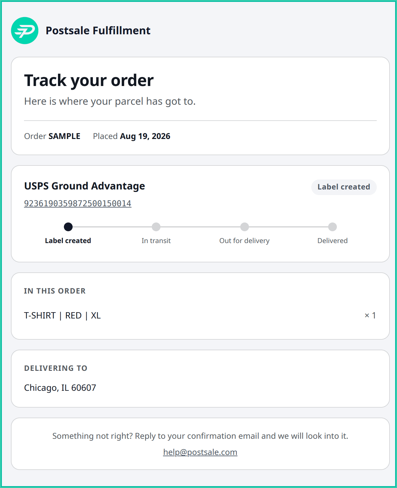 An example branded tracking page showing order information, a shipment progress timeline, order items, and delivery information.