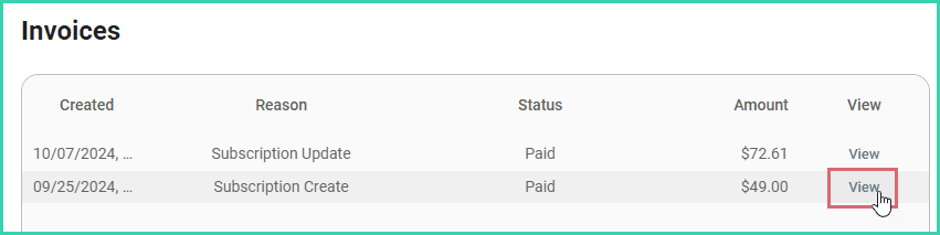 The view link is being clicked to open a preview of the selected invoice.