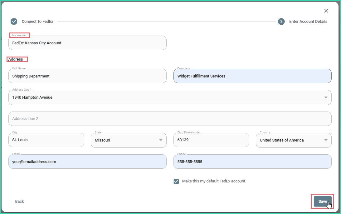 The nickname, address, email and phone are being filled out. The save button is being clicked.