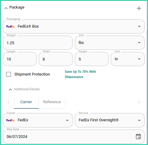 Sample FedEx shipment details are displayed with FedEx First Overnight as the service.
