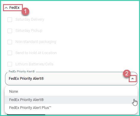 The FedEx section is expanded. FedEx priority alert is being selected from the drop-down menu.