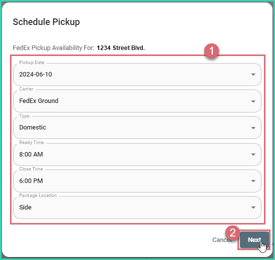 This information is filled out for a FedEx pickup and the next button is being clicked.