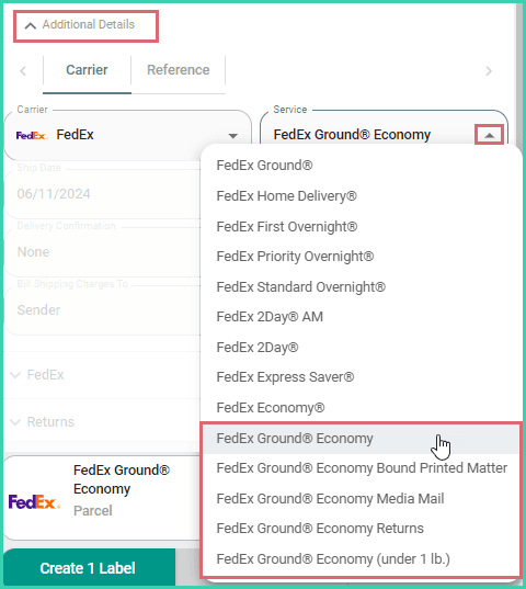 The additional details section is expanded and the correct FedEx Ground Economy service is being selected.