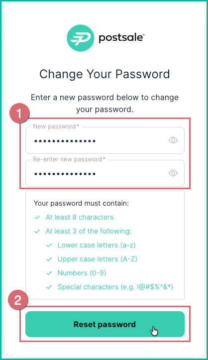 A new password is entered and the reset password button is being clicked.