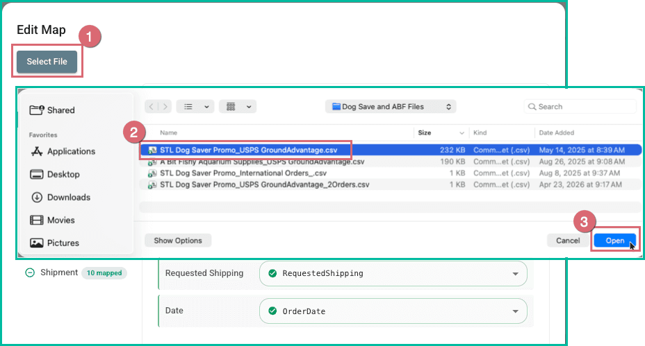The select file button is clicked, a file is selected, and the open button is being clicked.