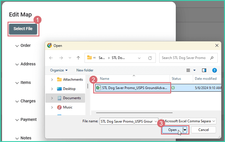 Select file has been clicked and the source file is selected.
