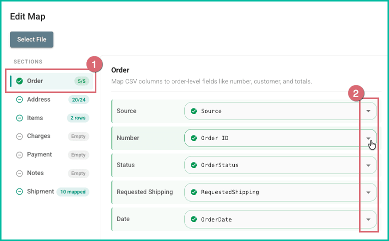 The order section is selected and the fields are being updated.