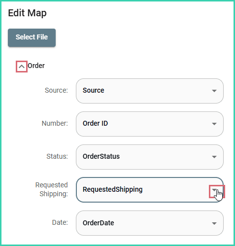 The order section is expanded and the requested shipping field is mapped.
