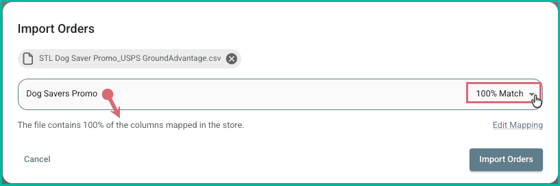 The correct store is selected and Postsale shows 100% match. All fields are mapped.