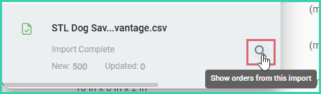 The status shows complete and the magnifying glass is being clicked.