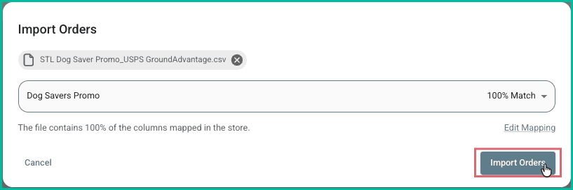 The import orders button is being clicked.