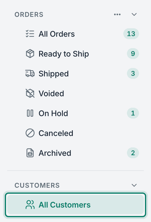 All Customers is selected in the main menu.