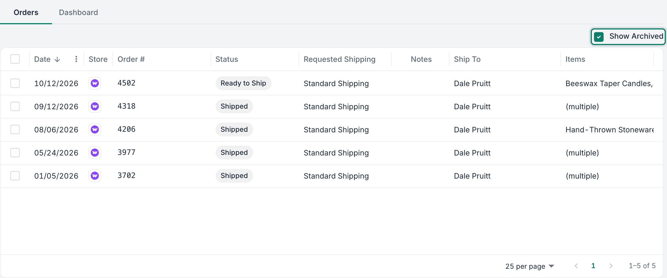 The Show Archived checkbox is highlighted.