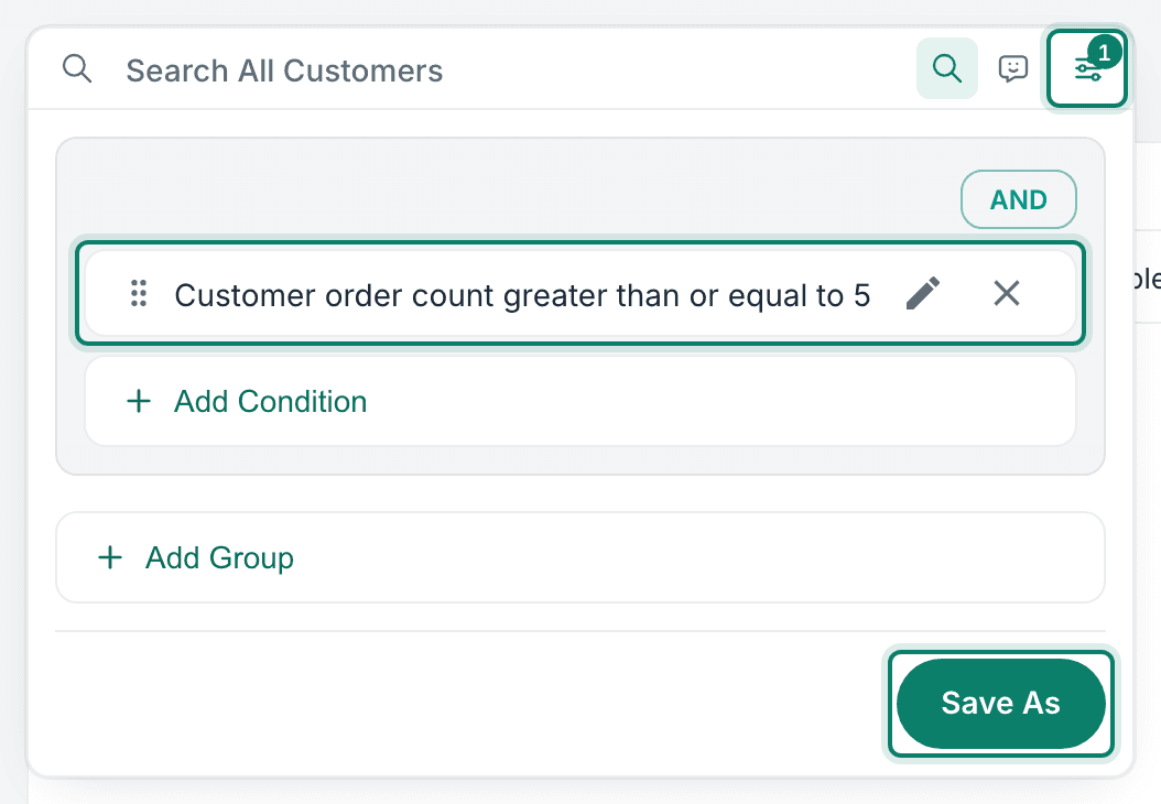 Condition has been entered to search for customers with an order count greater than 5.