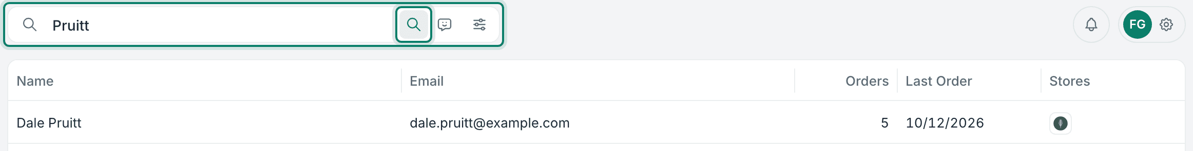 Pruitt is entered into the search bar and the customer record result is shown.
