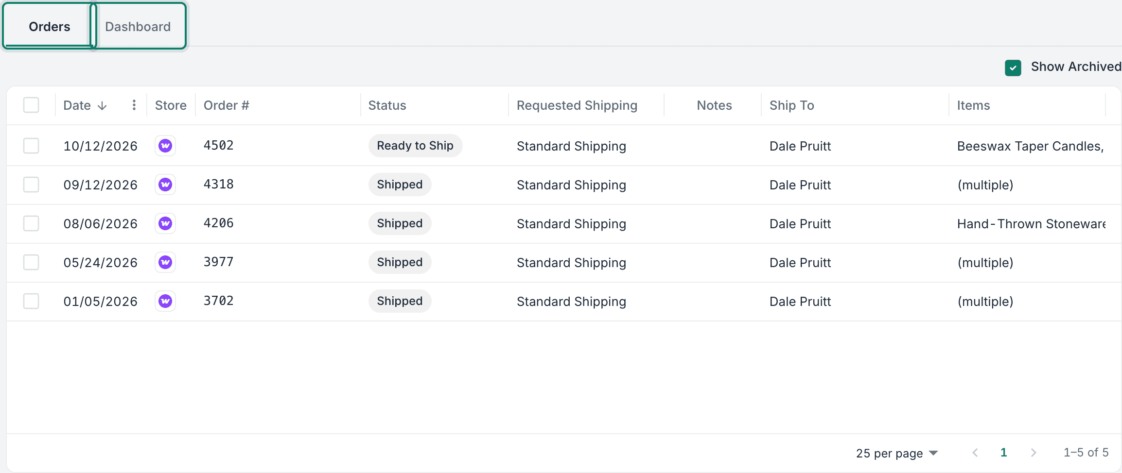 The Orders and Dashboard tabs are shown.