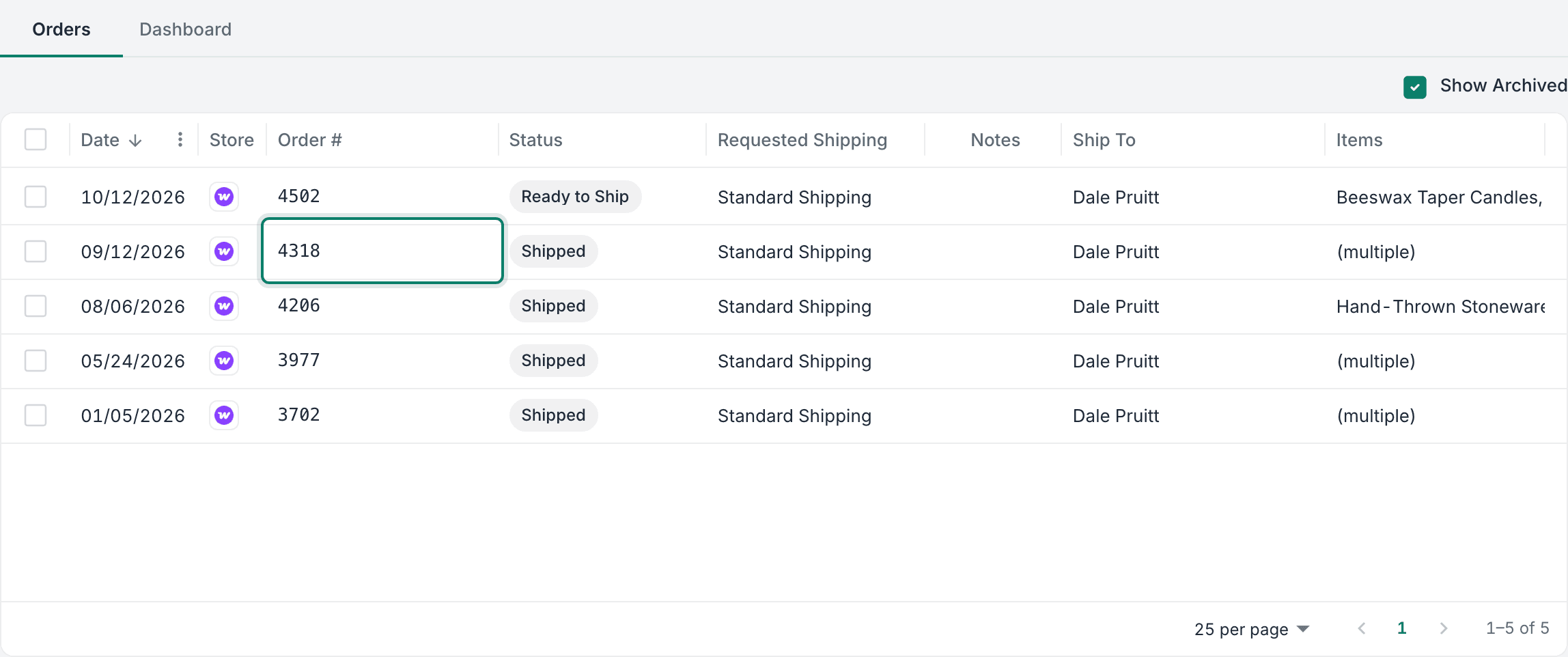 The orders grid is shown with multiple orders for the customer. One order is highlighted to indicate is being clicked.