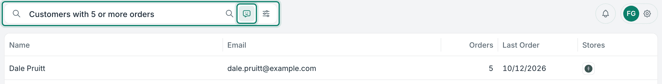Natural Language Search is enabled. Customers with 5 or more orders is entered and one customer is returned.