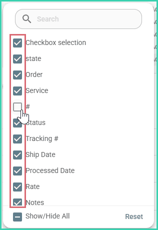 Columns are being shown or hidden in the column management pop up.