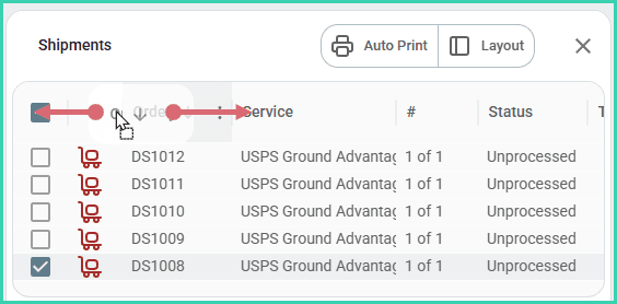 The order column is being dragged to a new position in the shipments grid.