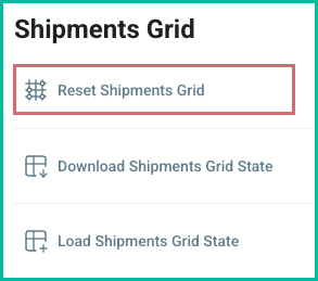 Reset shipments grid is selected.