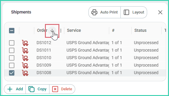 The grid is being sorted by the Order column.